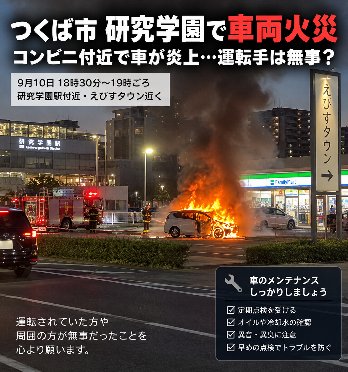 【研究学園で車両火災】コンビニ付近で車が炎上…運転手は無事?